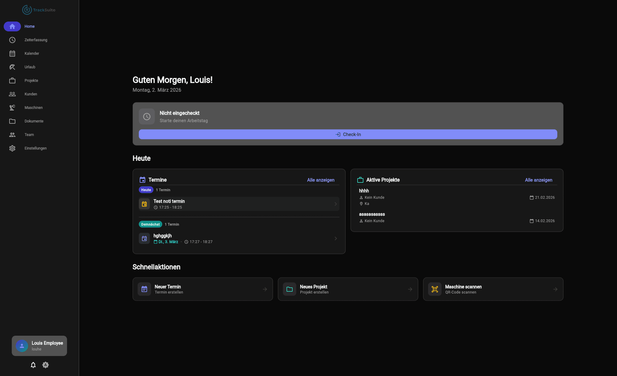 TrackSuite Dashboard — Zeiterfassung, Projekte und Kalender auf einen Blick