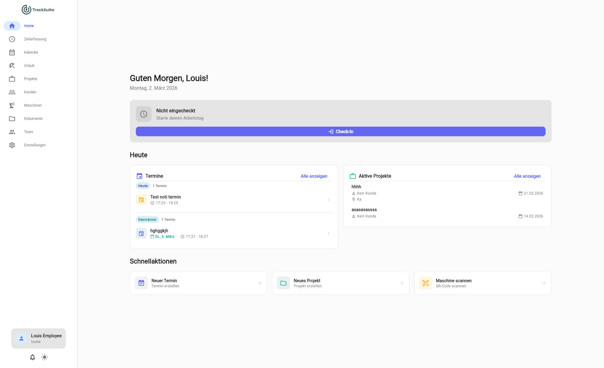 TrackSuite Dashboard — Zeiterfassung, Projekte und Kalender auf einen Blick