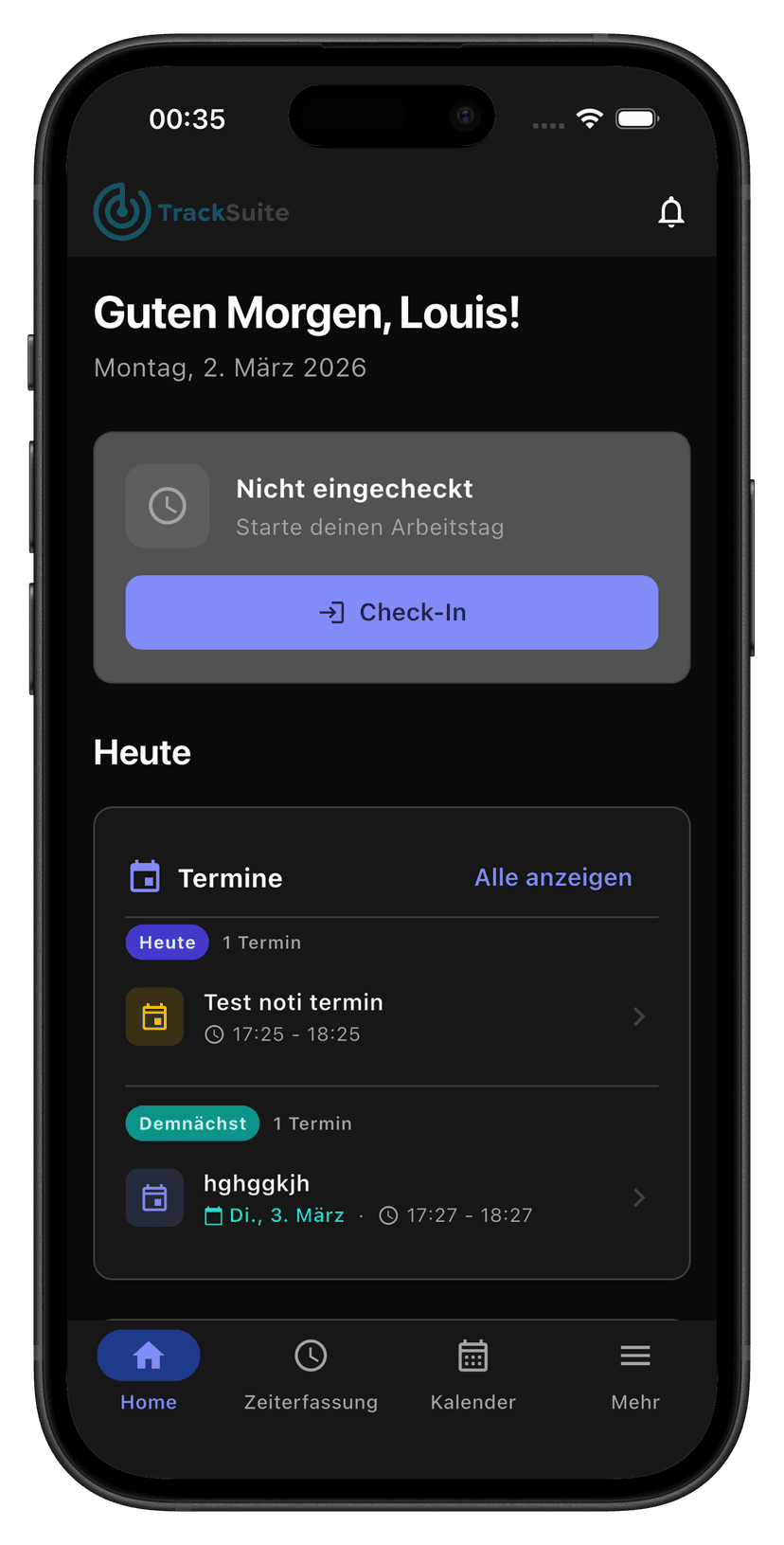 TrackSuite Mobile App — Check-In, Termine und Projekte