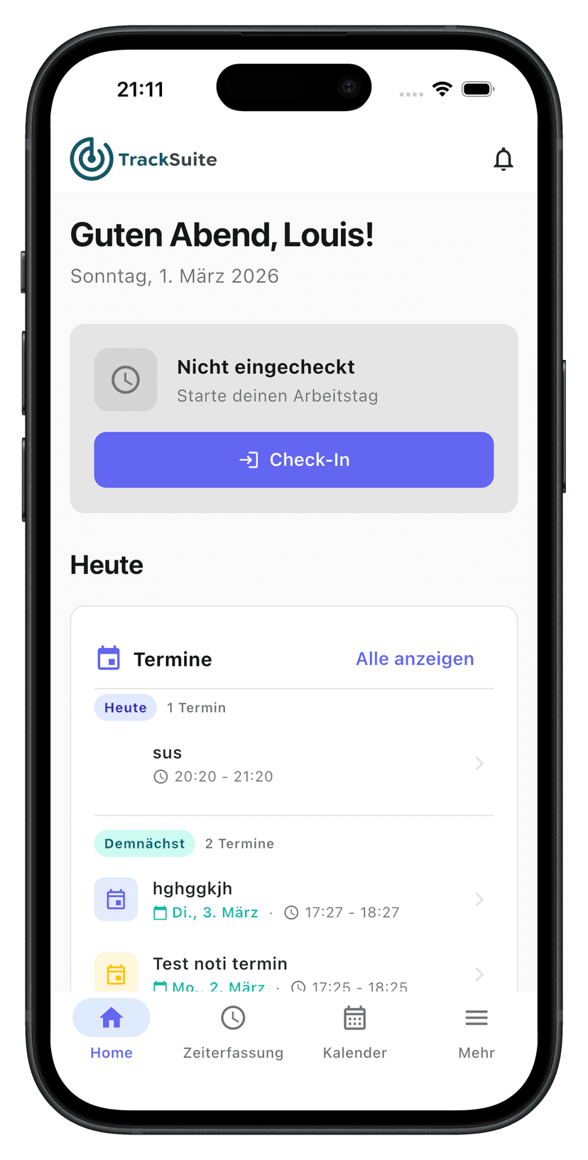 TrackSuite Mobile App — Check-In, Termine und Projekte