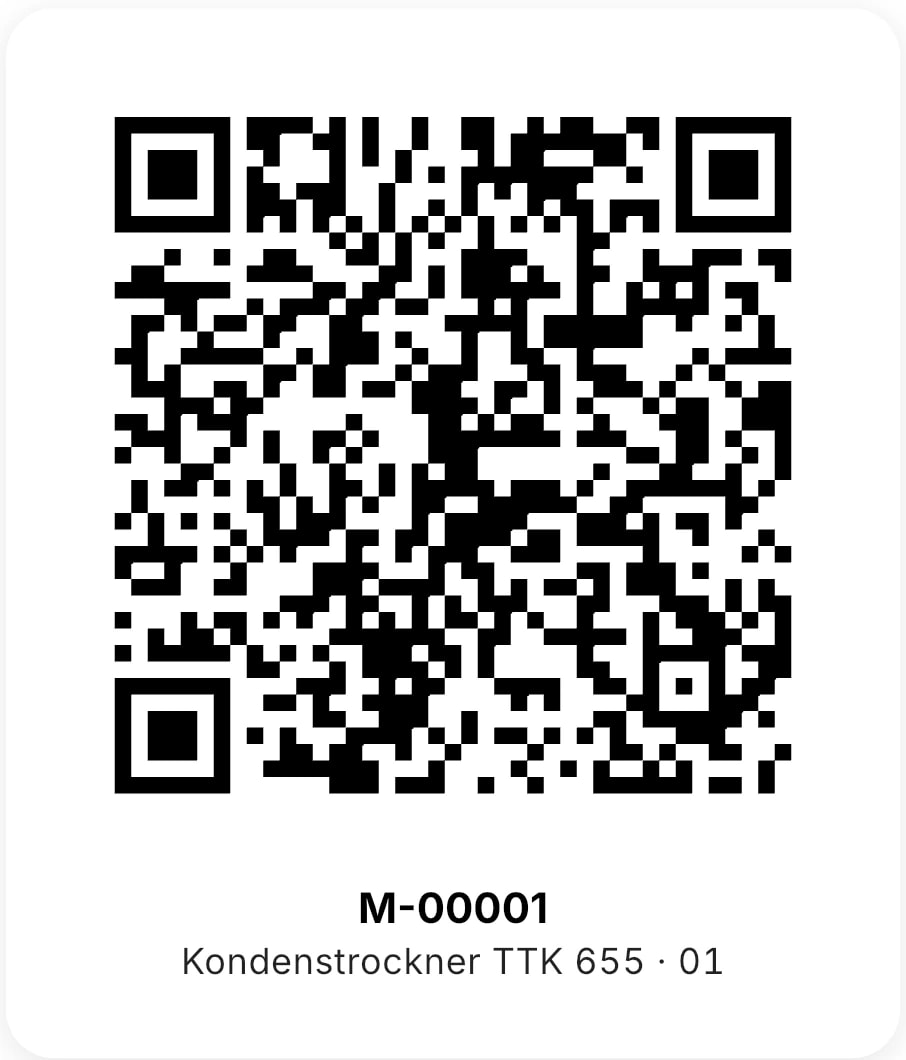 QR-Etikett einer Maschine in TrackSuite: M-00001, Kondenstrockner TTK 655 · 01