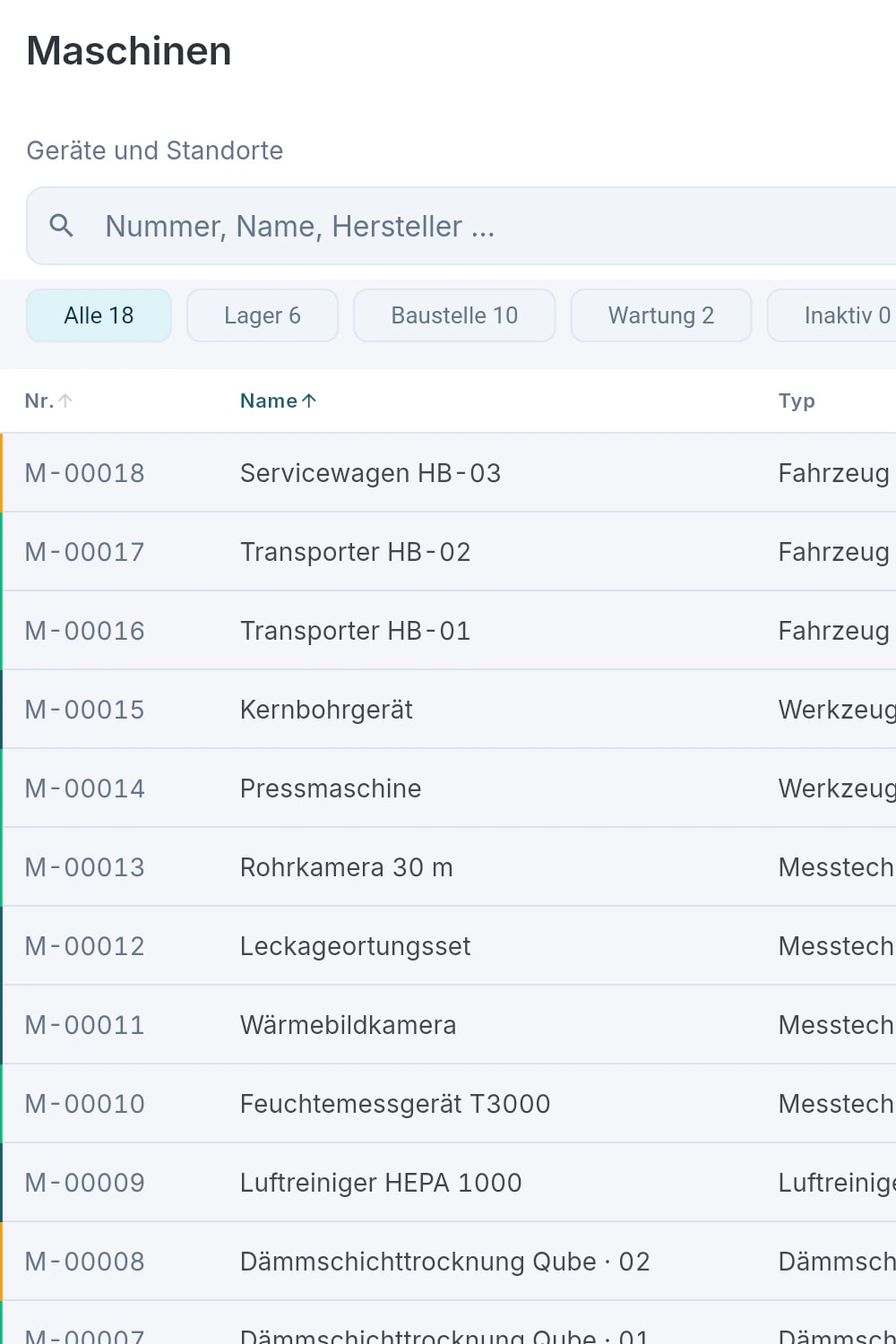 Ausschnitt der Maschinenliste mit Nummer, Name und Filter nach Lager, Baustelle, Wartung
