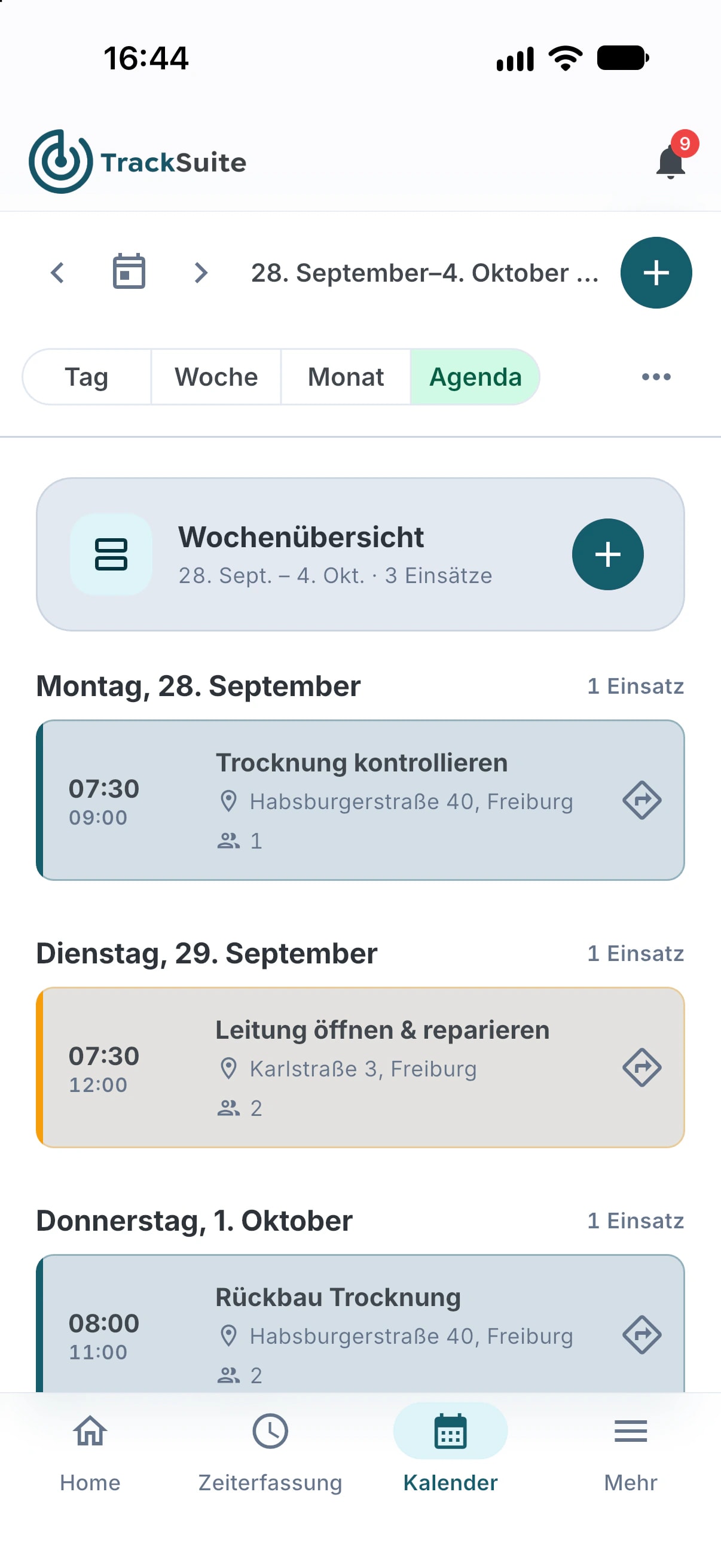 TrackSuite App, Einsatz-Agenda der Woche mit Uhrzeit, Adresse und Team pro Einsatz