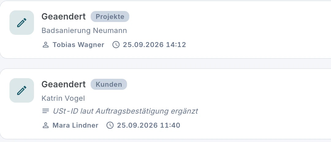 Audit-Log in TrackSuite: Projekt Badsanierung Neumann geändert von Tobias Wagner, Kunde Katrin Vogel geändert von Mara Lindner mit Notiz „USt-ID laut Auftragsbestätigung ergänzt“