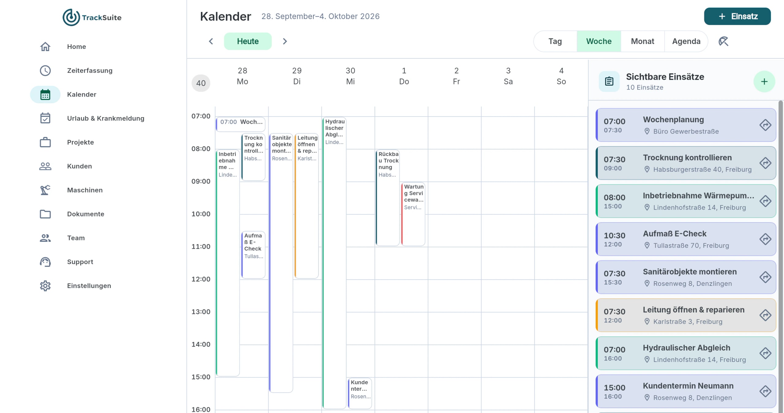 TrackSuite im Browser: Einsatzkalender der Woche mit allen Einsätzen, Orten und Uhrzeiten