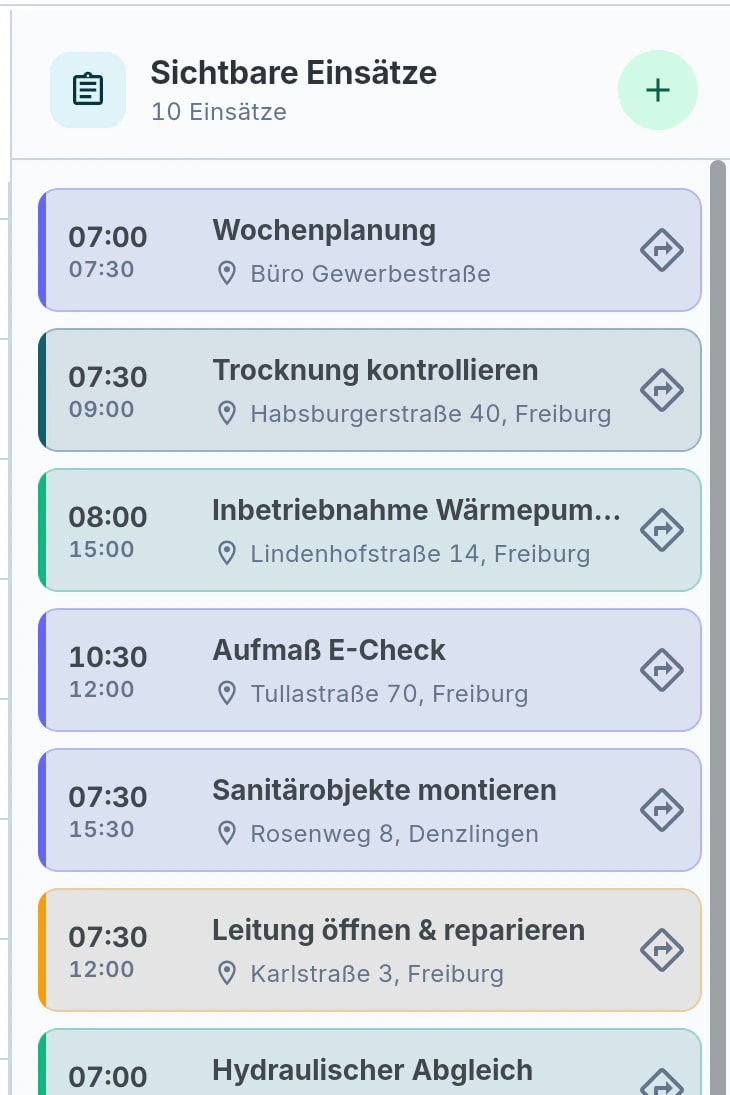 Ausschnitt der Einsatzliste im Kalender mit Uhrzeit, Titel und Adresse