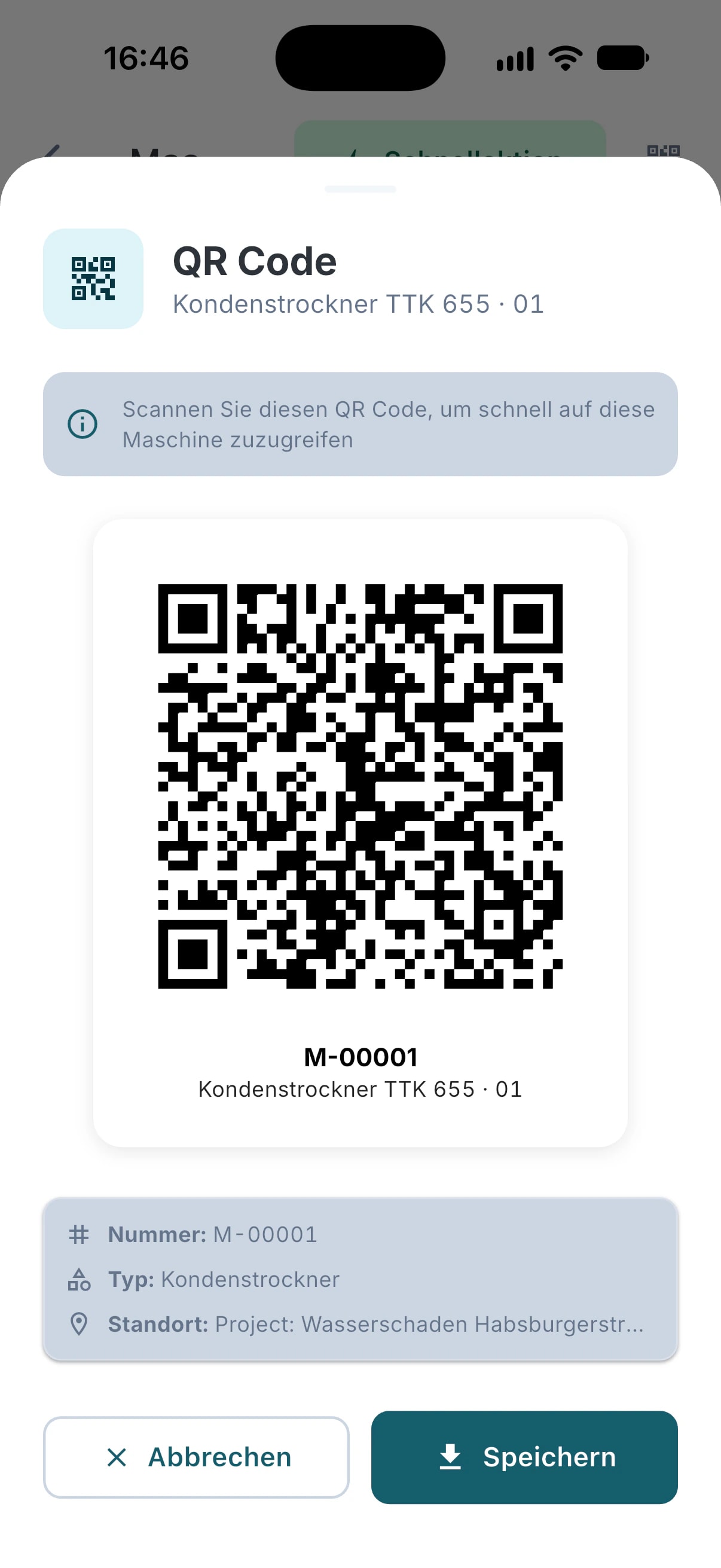 TrackSuite App, QR-Code des Kondenstrockners M-00001 zum Ausdrucken und Aufkleben