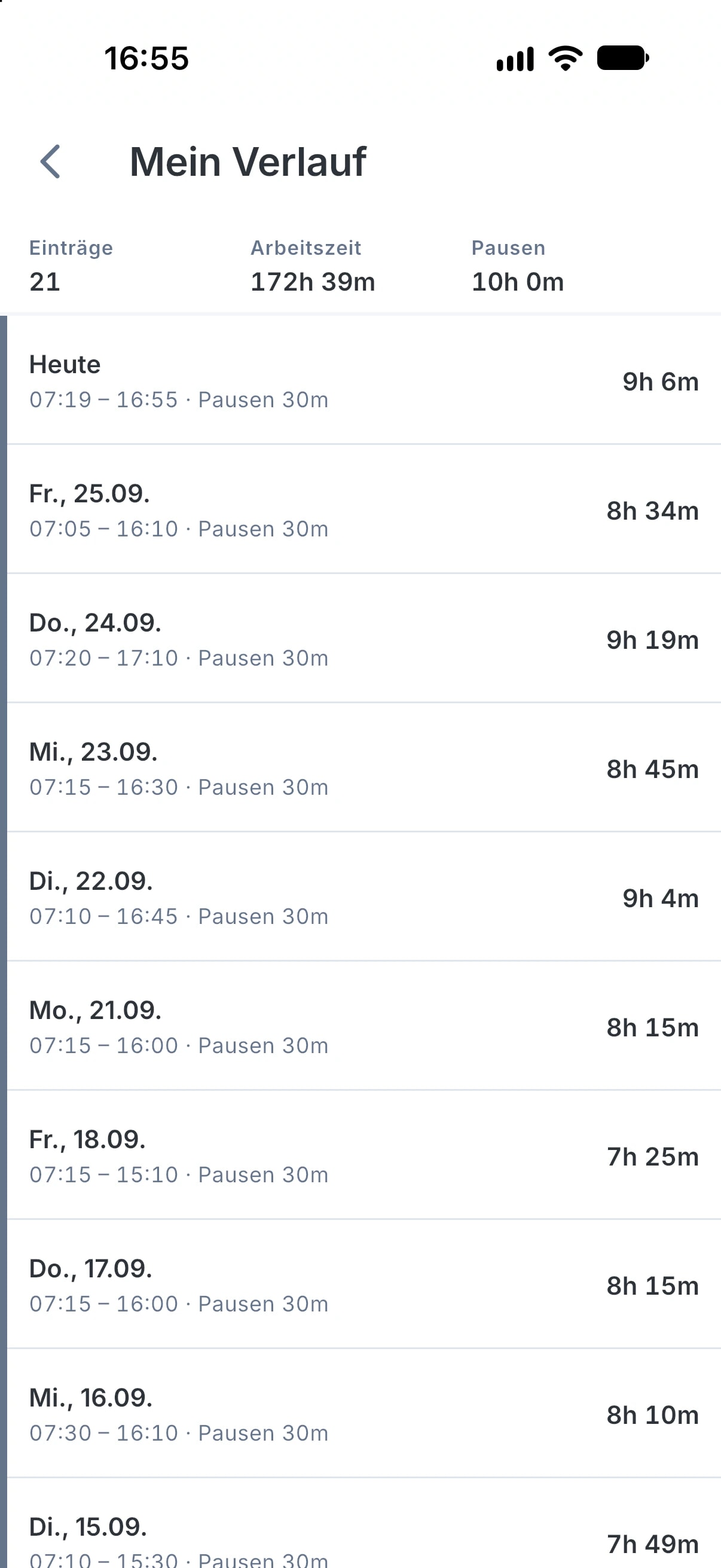 TrackSuite App, Mein Verlauf: heute 07:19 bis 16:55, Pausen 30 Minuten, 9 Stunden 6 Minuten, darunter die Vortage