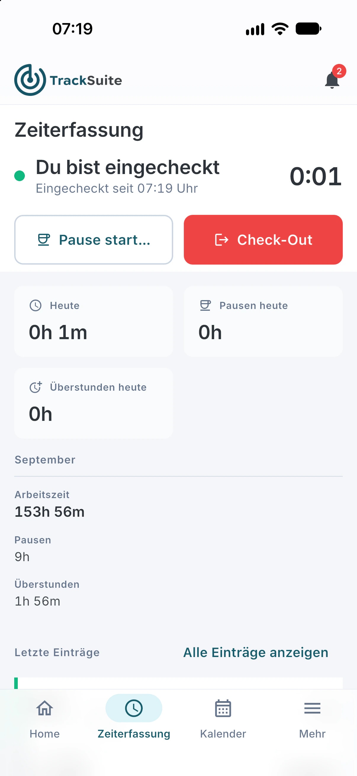 TrackSuite App um 07:19: Zeiterfassung, Du bist eingecheckt seit 07:19 Uhr, mit Pause und Check-out
